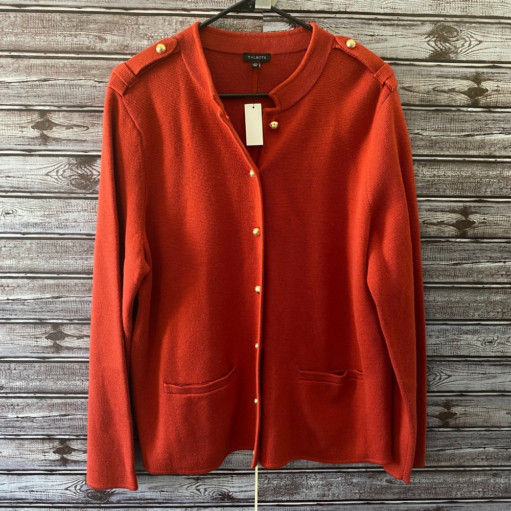 Talbots Women's Long-Sleeved Button-Down Sweater Size XL Orange Merino Wool NWT